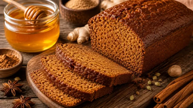 Pain d’épices traditionnel au miel coupé en tranches avec cannelle, anis étoilé et pot de miel sur une table en bois.