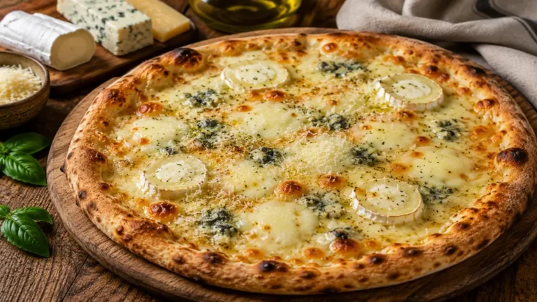 Pizza 4 fromages maison fondante avec mozzarella, chèvre, gorgonzola et parmesan