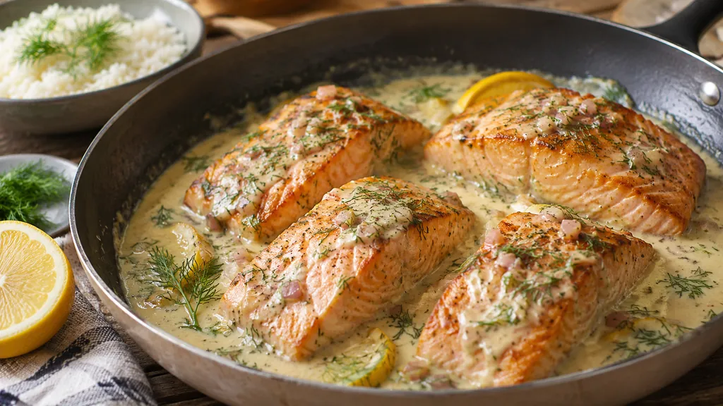 Pavés de saumon à la crème citronnée et aneth dans une poêle rustique