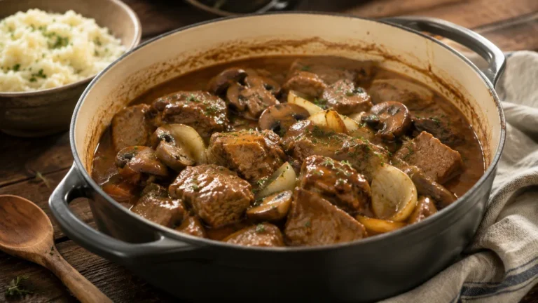 Sauté de veau mijoté en cocotte avec champignons et sauce généreuse