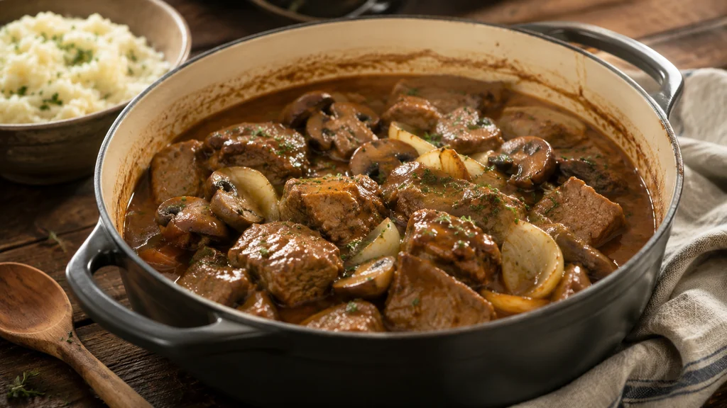 Sauté de veau mijoté en cocotte avec champignons et sauce généreuse