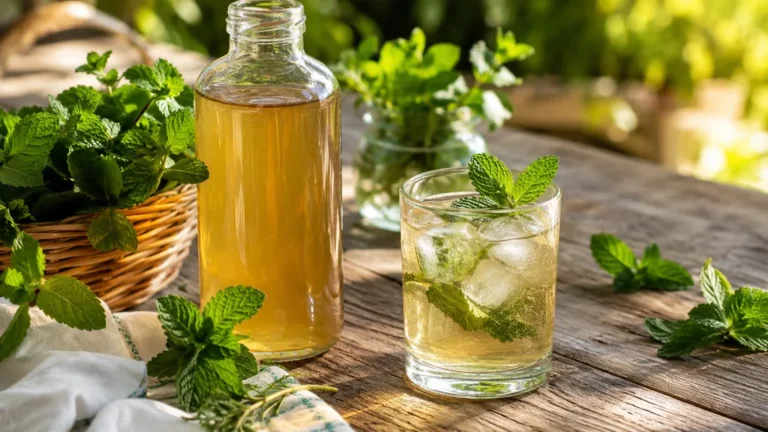 Sirop de menthe maison naturel servi avec un verre frais et des feuilles de menthe