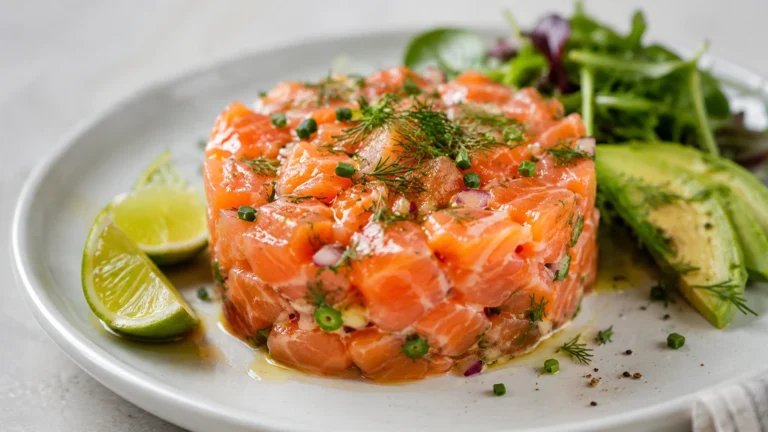 Tartare de saumon frais au citron vert avocat herbes et salade verte