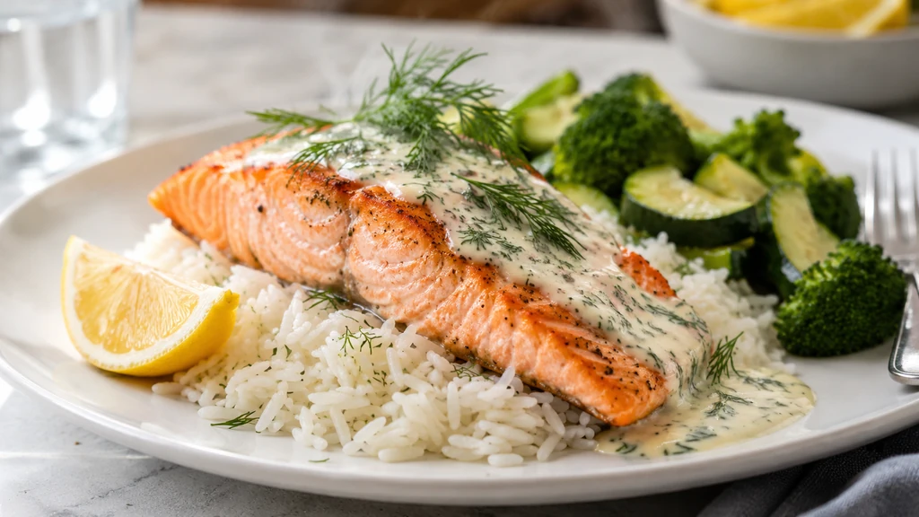 Assiette de riz saumon avec pavé de saumon grillé, sauce crème citron aneth et légumes verts