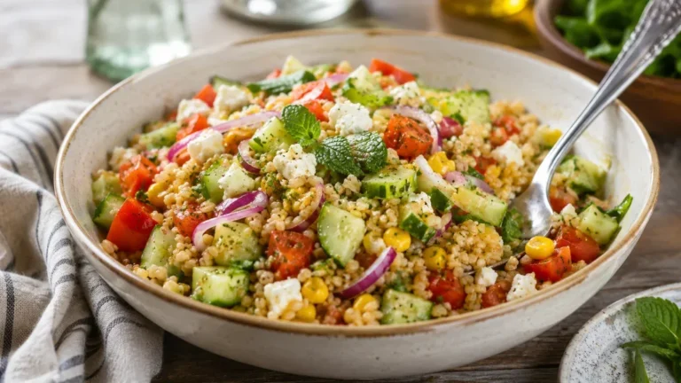Salade de blé fraîche avec tomates, concombre, feta, maïs et herbes dans un grand bol