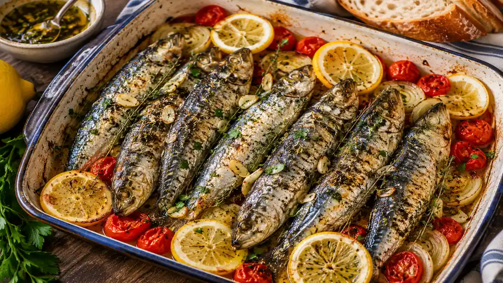 Sardines au four avec citron, ail, herbes de Provence et tomates cerises