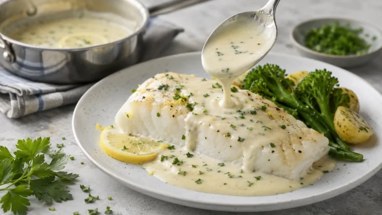 Sauce blanche crémeuse versée sur un filet de poisson avec citron et herbes
