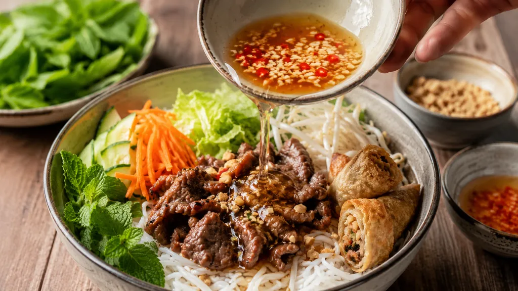 Sauce bo bun versée sur un bol vietnamien garni de vermicelles, bœuf, crudités et herbes fraîches