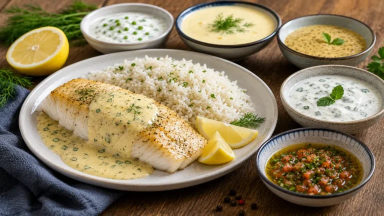 Filet de poisson servi avec du riz blanc, sauce crémeuse aux herbes, citron et plusieurs sauces d’accompagnement.