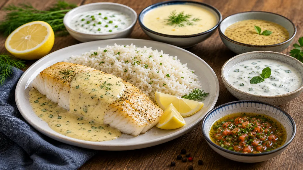 Filet de poisson servi avec du riz blanc, sauce crémeuse aux herbes, citron et plusieurs sauces d’accompagnement.