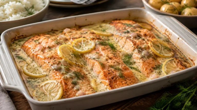 Saumon au four avec sauce crème citron aneth dans un plat gratin