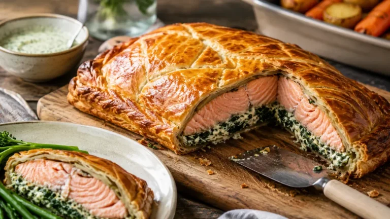 Saumon en croûte feuilletée avec épinards fromage frais et sauce à l’aneth