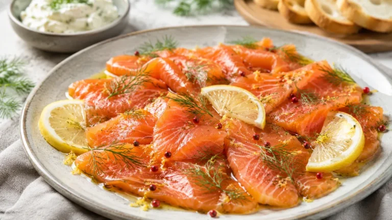 Saumon mariné au citron avec aneth baies roses et tranches de pain grillé