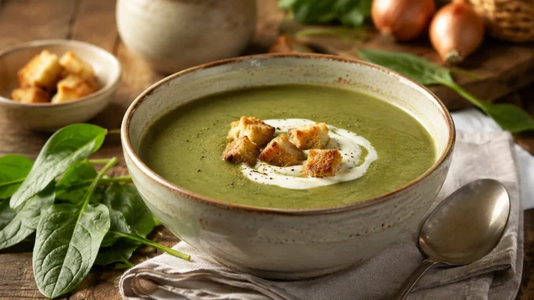 Soupe à l’oseille maison servie avec crème fraîche et croûtons dorés