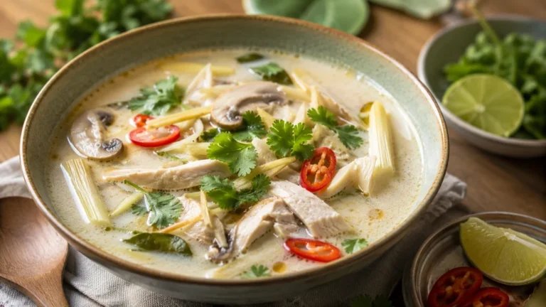 Soupe thaï au poulet crémeuse au lait de coco avec citronnelle, coriandre et citron vert