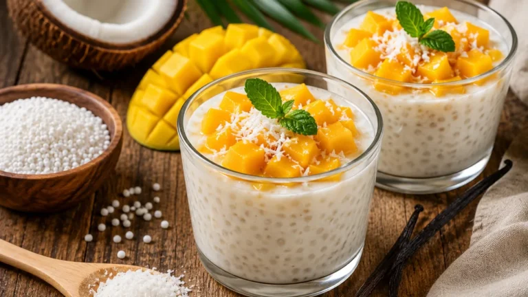 Dessert tapioca coco en verrines avec mangue fraîche et noix de coco râpée