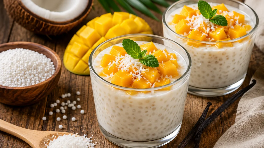 Dessert tapioca coco en verrines avec mangue fraîche et noix de coco râpée