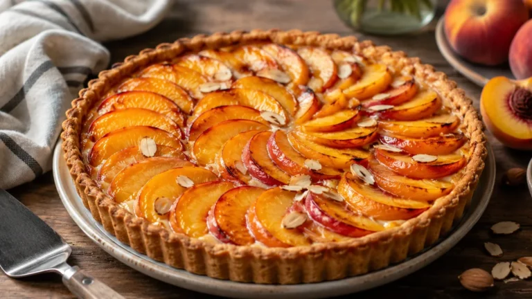 Tarte aux pêches maison avec crème d’amande et amandes effilées