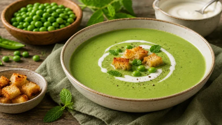 Velouté de petits pois bien vert servi avec crème, croûtons dorés, menthe fraîche et petits pois.