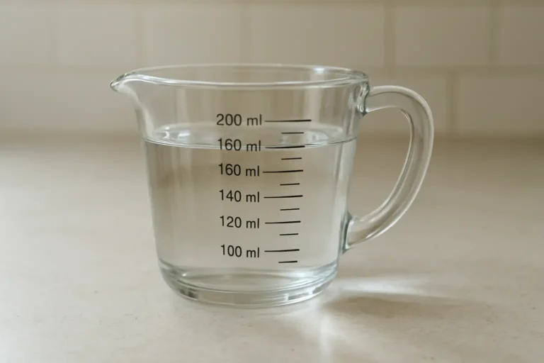 Verre doseur contenant 100 ml d’eau avec le repère 10 cl visible