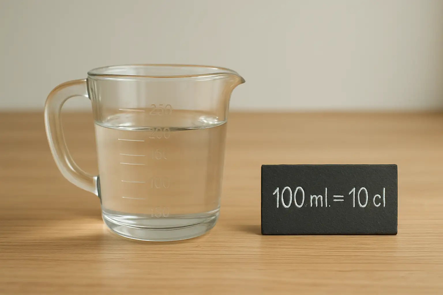 Verre doseur indiquant 100 ml, avec l’équivalence 100 ml = 10 cl