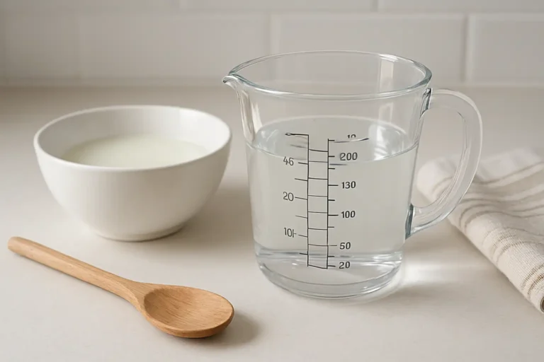 Verre doseur de cuisine indiquant 200 ml, soit 20 cl, posé près d’un bol de liquide