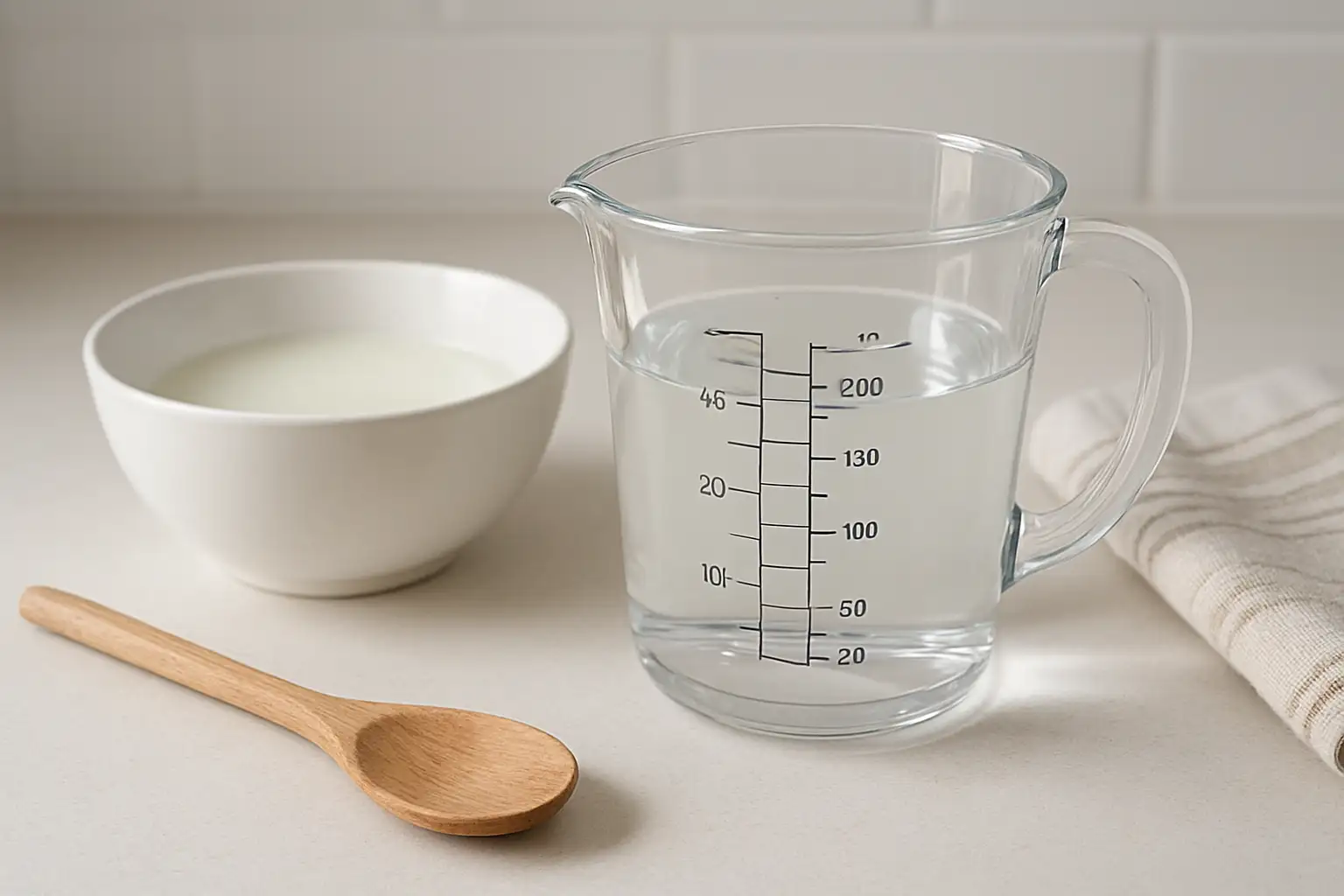Verre doseur de cuisine indiquant 200 ml, soit 20 cl, posé près d’un bol de liquide