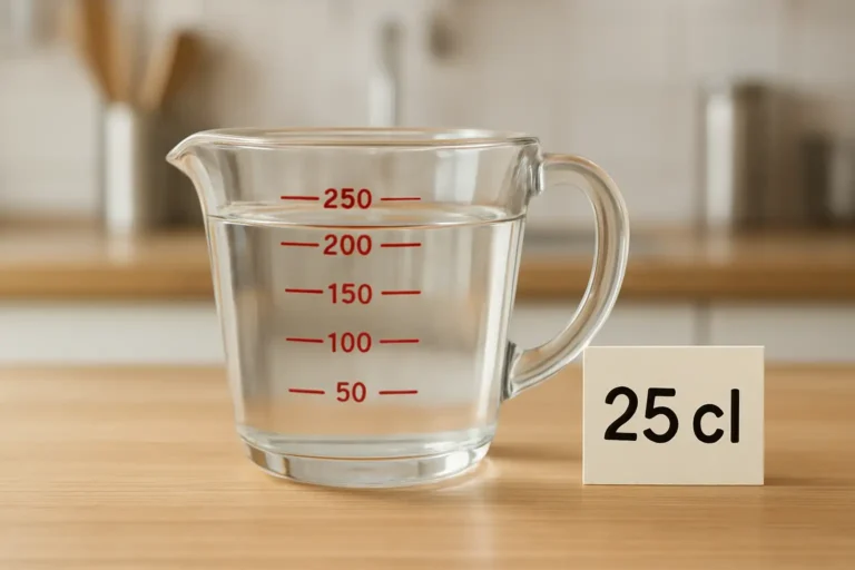 Verre doseur montrant 250 ml à côté d’une étiquette 25 cl dans une cuisine