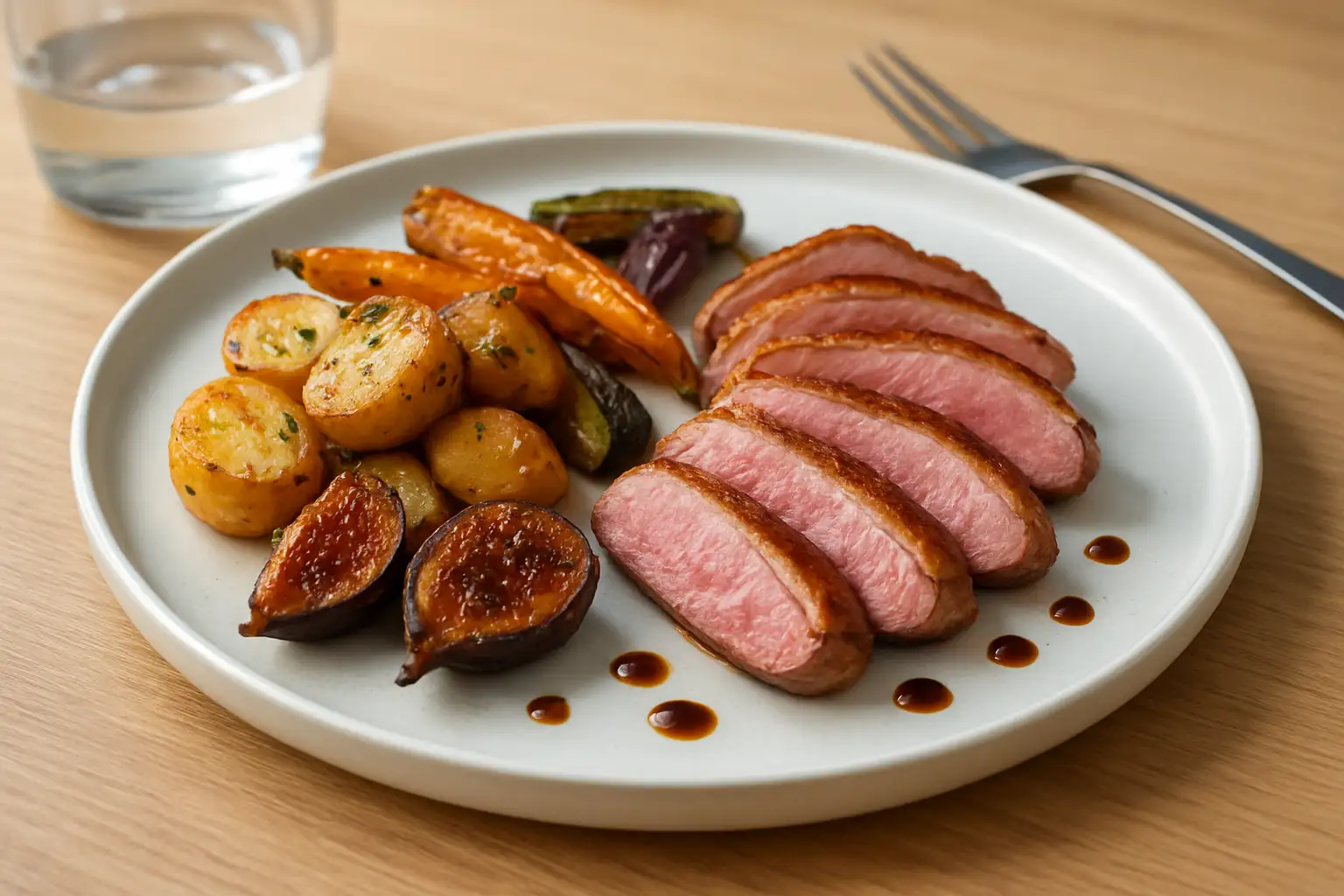 Assiette de magret de canard rosé avec pommes de terre sarladaises, légumes rôtis et figues rôties