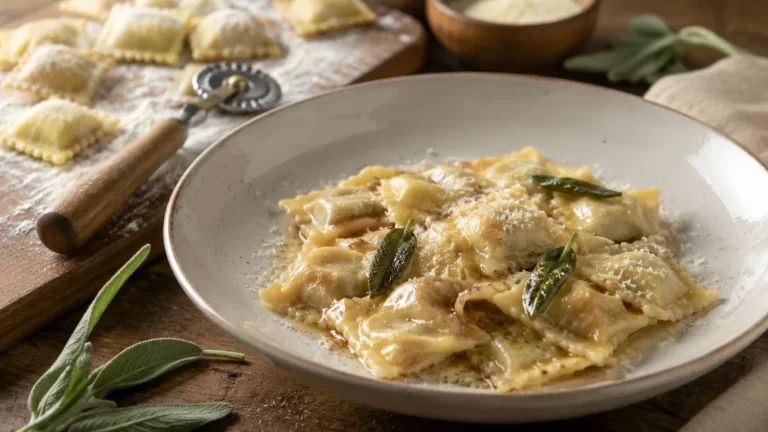 Agnolotti frais servis avec beurre à la sauge et parmesan dans une assiette rustique