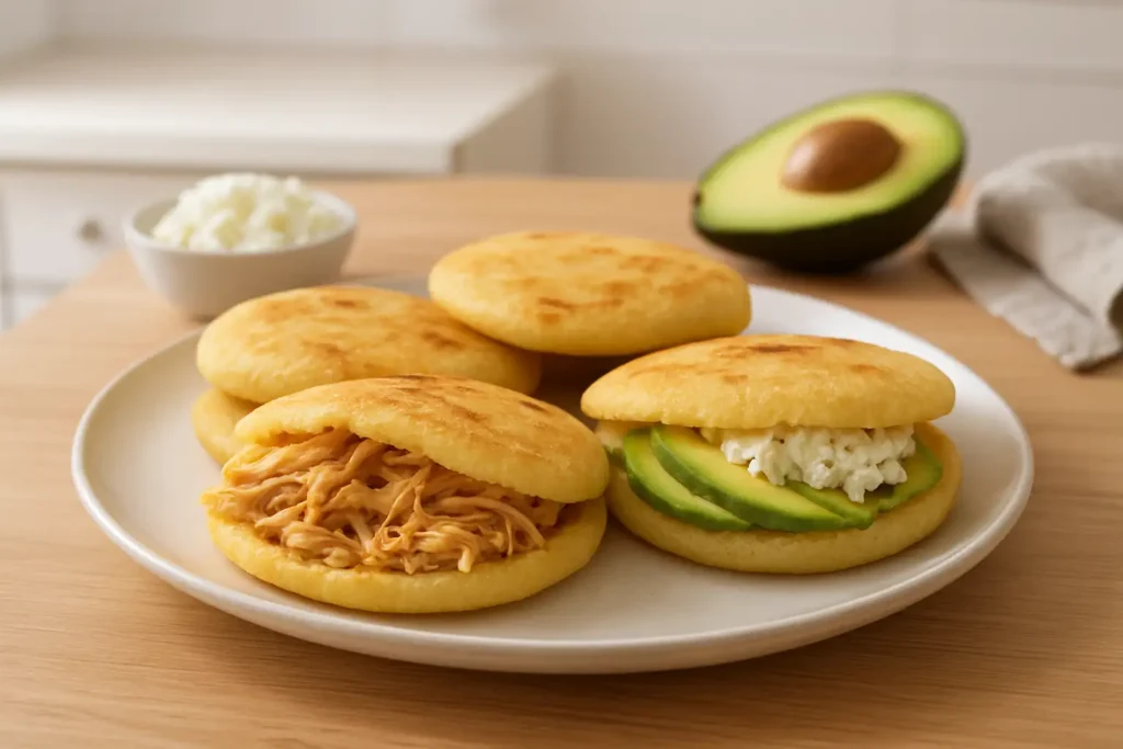 Assiette d’arepas dorées garnies d’avocat, de fromage et de poulet effiloché