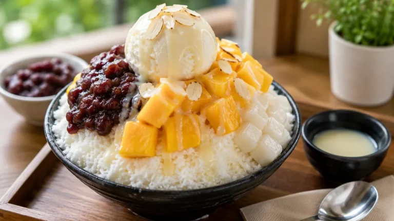 Bingsu coréen à la glace pilée au lait garni de mangue, haricots rouges sucrés et tteok