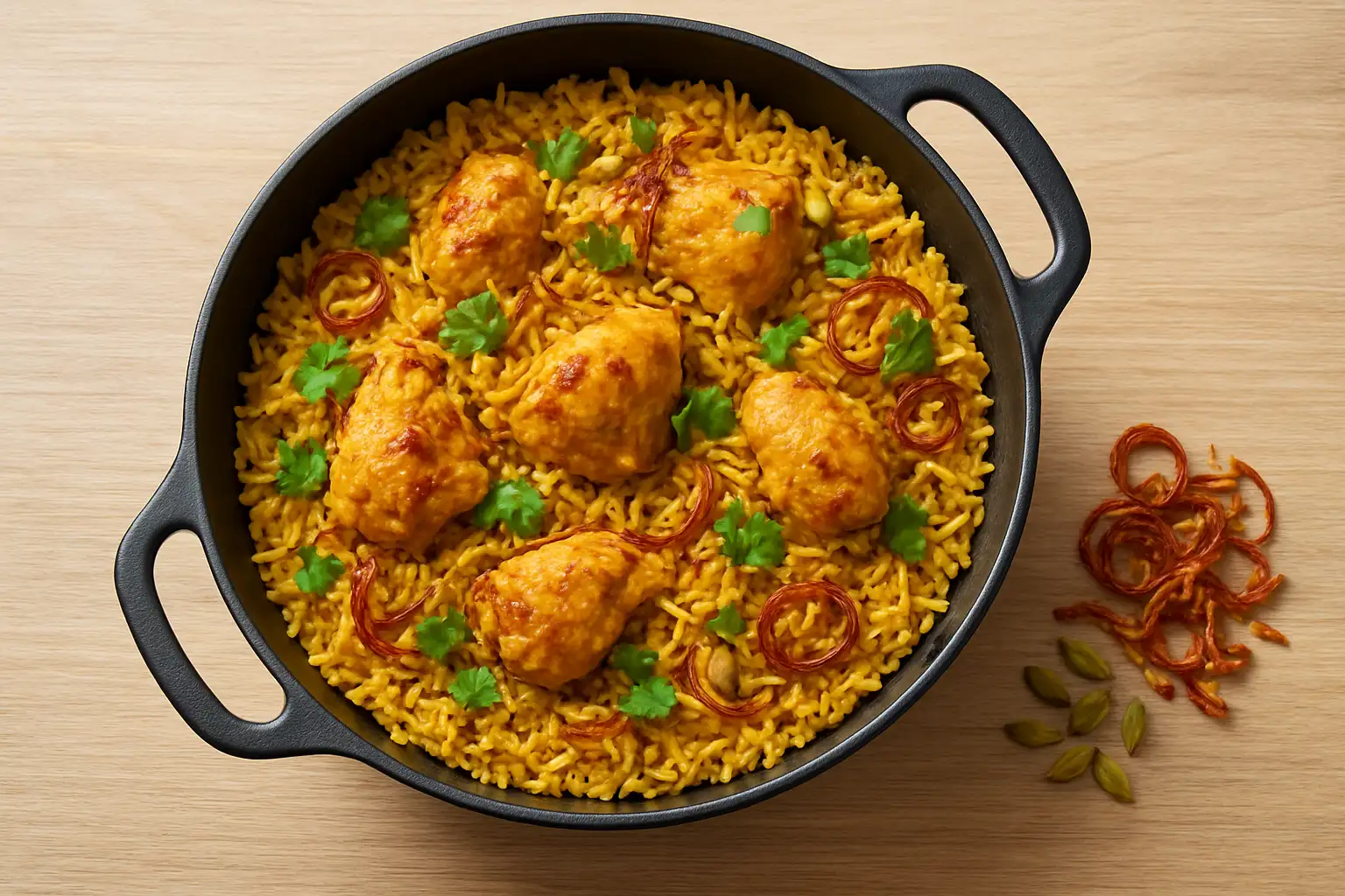 Biryani au poulet servi dans une grande cocotte avec riz basmati, safran, coriandre et oignons croustillants