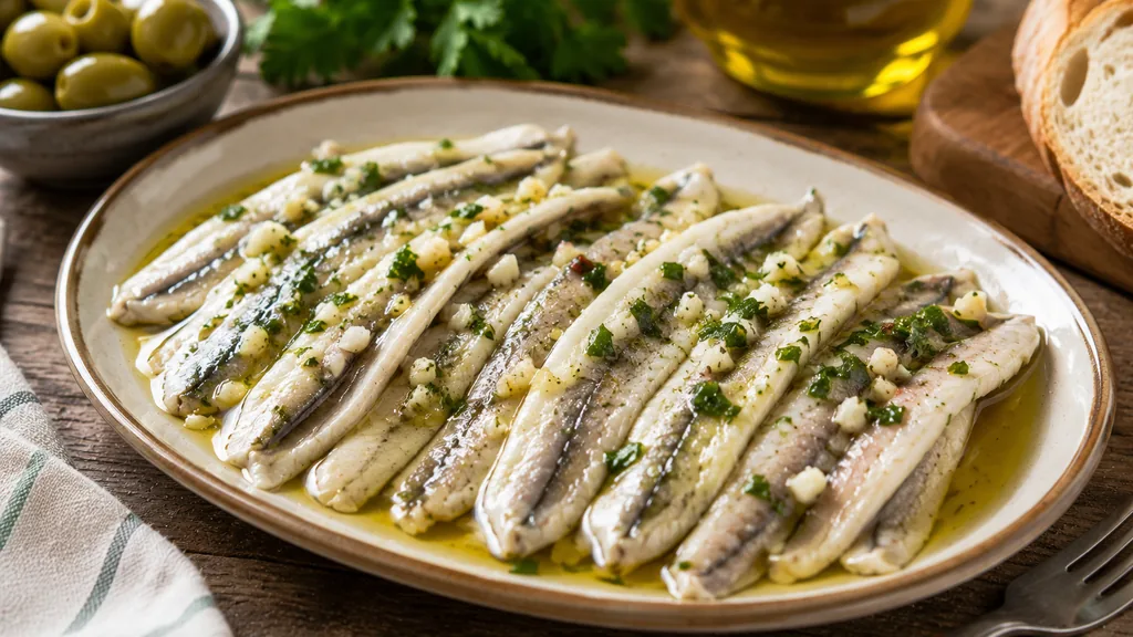 Boquerones en vinagre marinés à l’huile d’olive avec ail et persil frais