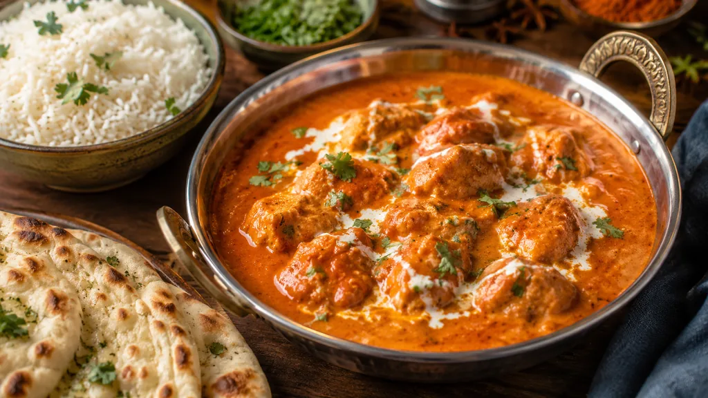 Butter chicken maison dans une sauce tomate crémeuse, servi avec du riz basmati et du pain naan.