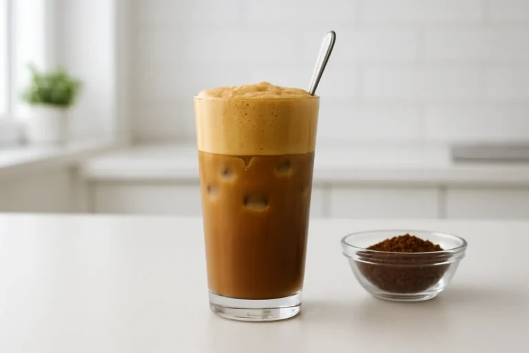 Verre de café frappé maison avec mousse et glaçons