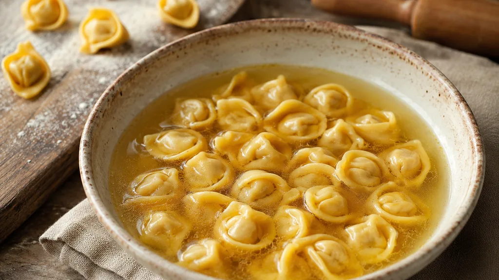 Cappelletti frais servis dans un bouillon de viande selon la tradition italienne