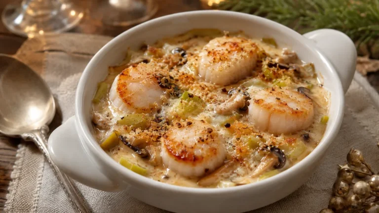 Cassolette de Saint-Jacques gratinée avec sauce crémeuse, poireaux et champignons