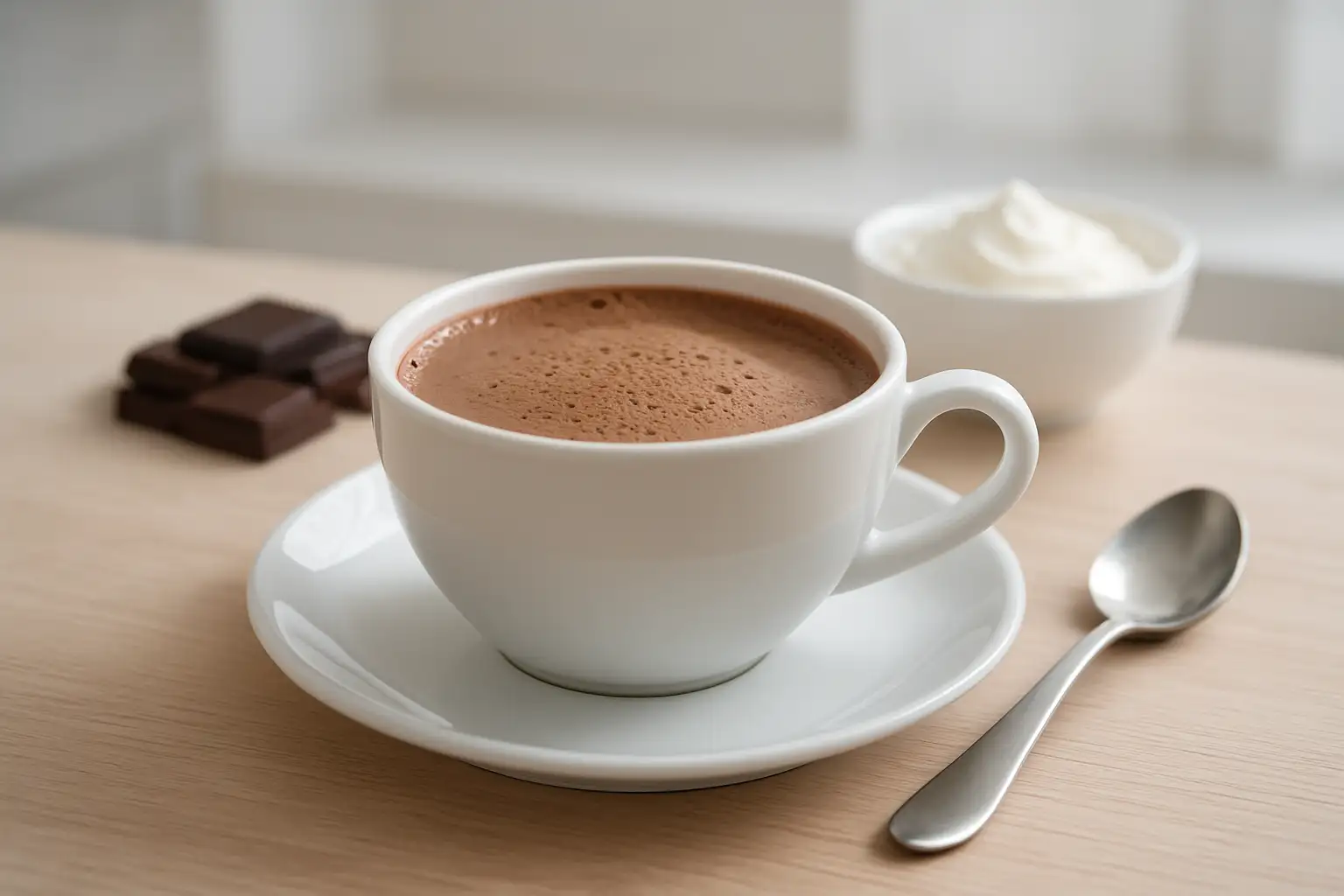 Tasse de chocolat chaud onctueux avec mousse légère, cuillère en métal, carrés de chocolat noir et pot de crème fouettée en arrière-plan
