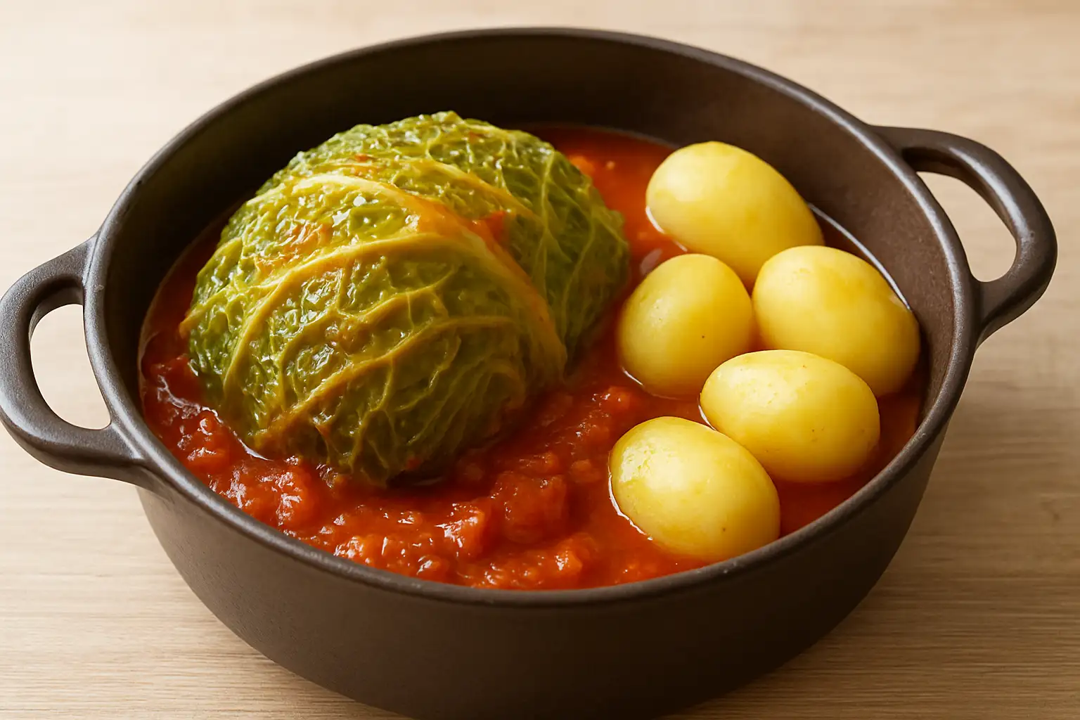 Chou farci traditionnel servi en cocotte avec sauce tomate et pommes de terre