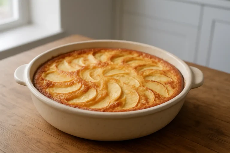 Clafoutis aux pommes maison doré dans un plat en céramique
