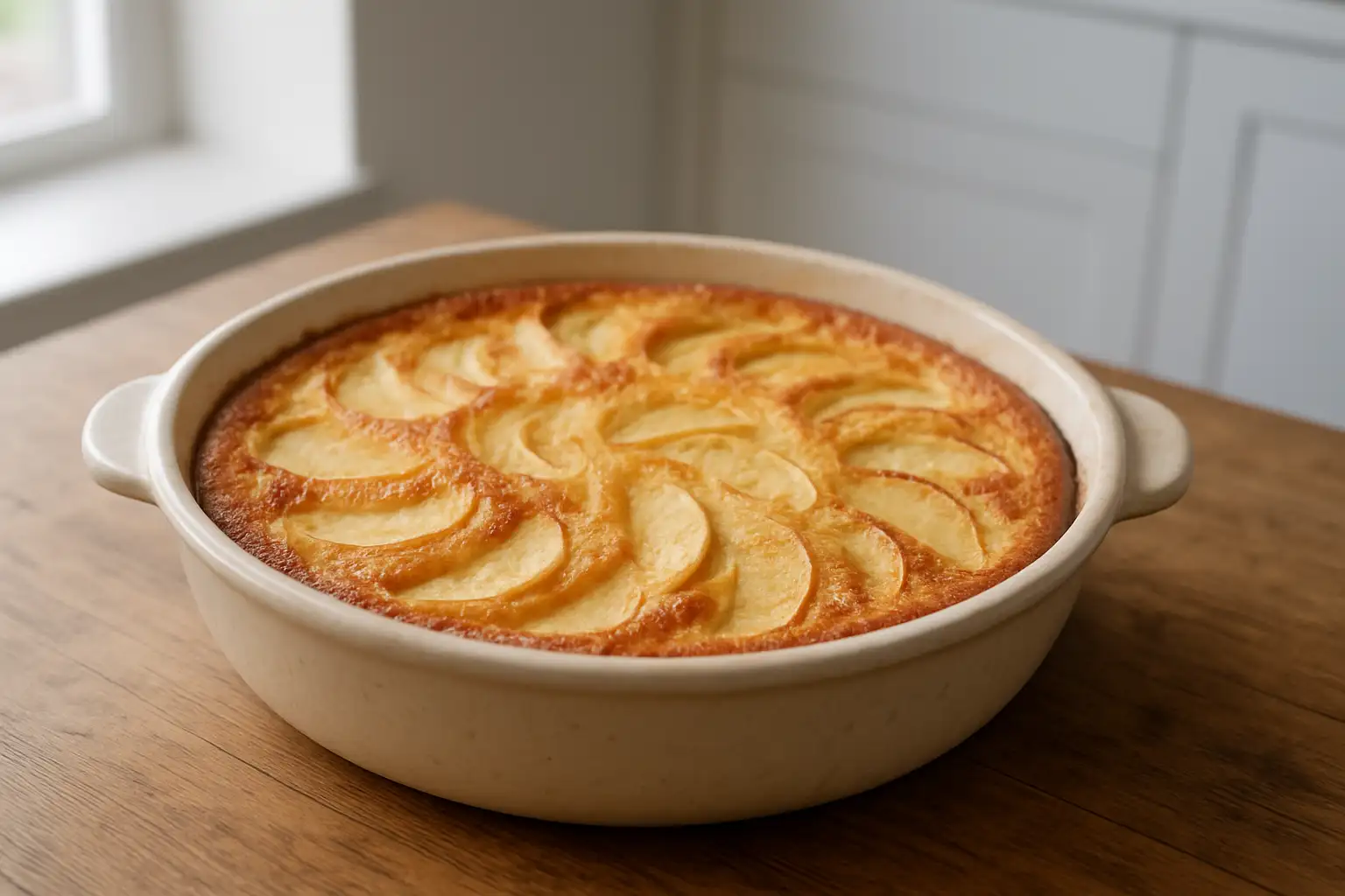 Clafoutis aux pommes maison doré dans un plat en céramique