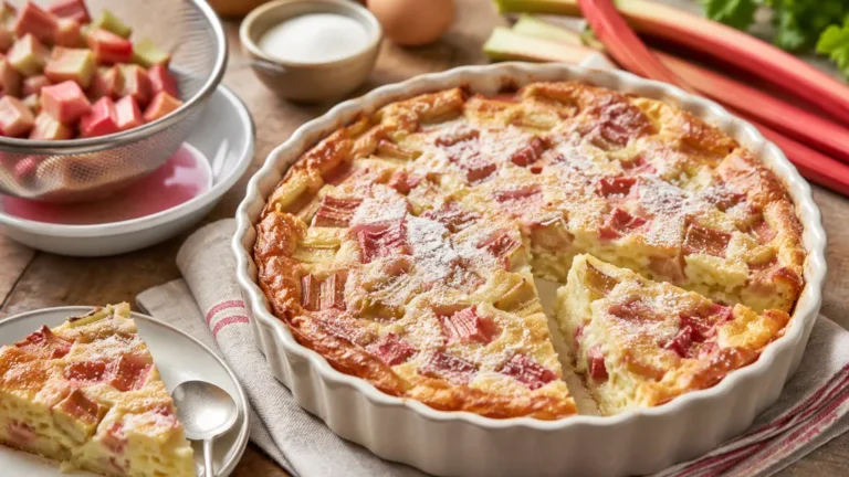Clafoutis à la rhubarbe fondant et doré accompagné de morceaux de rhubarbe fraîche