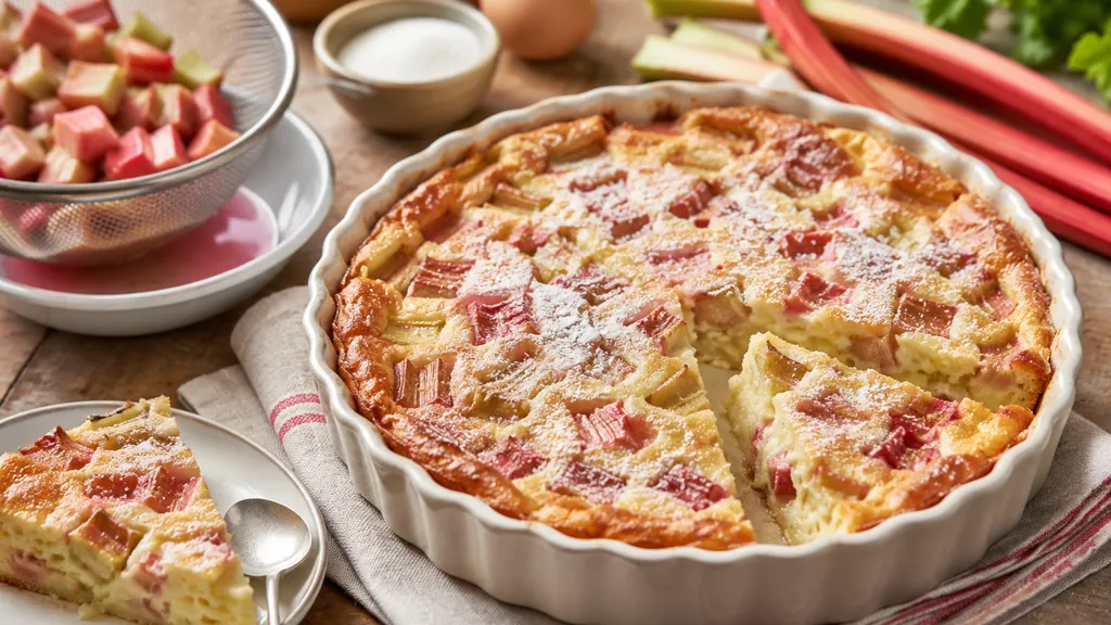 Clafoutis à la rhubarbe fondant et doré accompagné de morceaux de rhubarbe fraîche