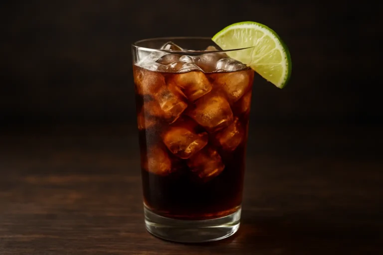 Verre highball de Cuba Libre avec glaçons, rhum-cola et quartier de citron vert sur fond de bar sombre.