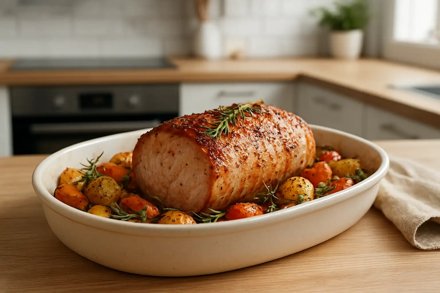 Filet mignon de porc rôti au four dans un plat avec herbes et légumes