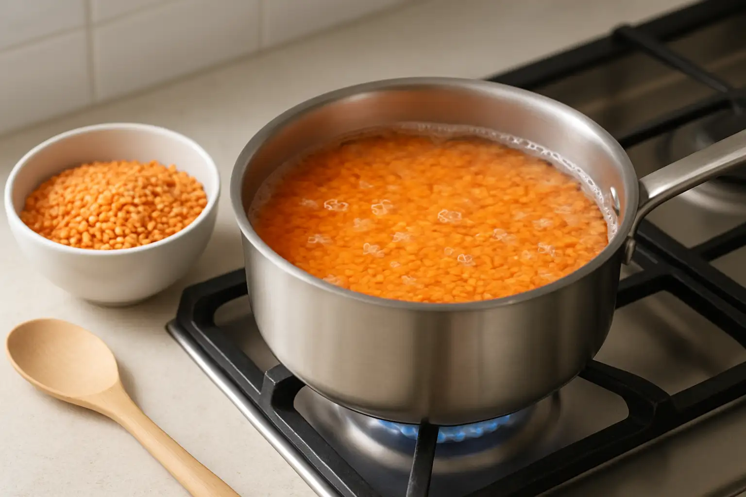 Cuisson des lentilles corail dans une casserole avec un bol de lentilles crues à côté