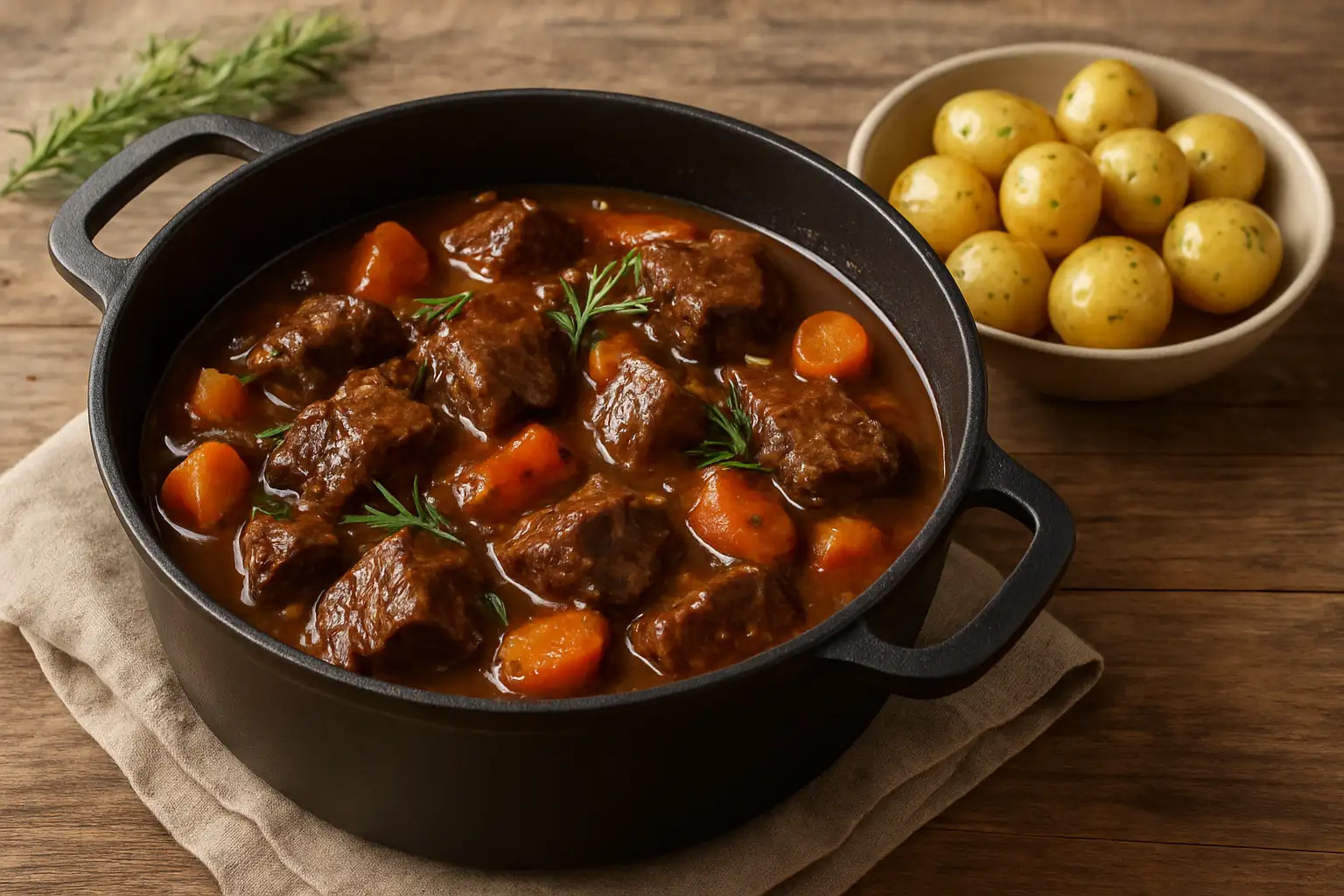 Daube de sanglier servie dans une cocotte avec sauce brune et pommes de terre