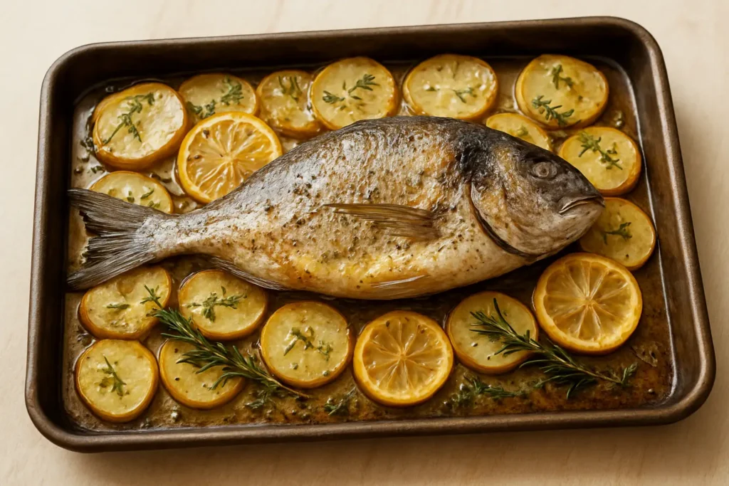 Daurade au four entière avec pommes de terre, citron et herbes aromatiques