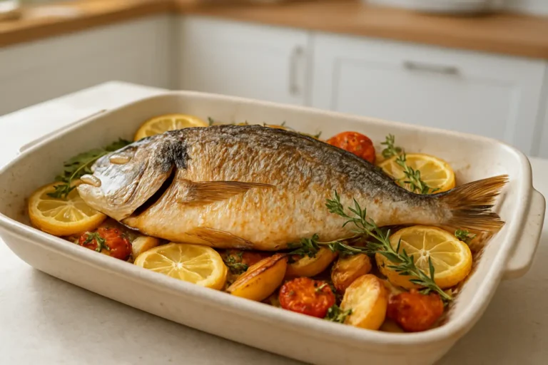 Dorade entière au four avec citron, herbes et légumes rôtis